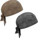 2 Pcs Leather Biker Skull Cap for Women Distressed Motorcycle Bandana Doo Rags Adjustable Skull Cap (Distressed Black,old Brown)