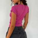 Women Y2K Crop Tops Short Sleeve Ribbed Knit Shirts Cute Bow Embroidery Tee Shirts Teen Girls Slim Fitted Baby Tees (Large, Fuchsia)