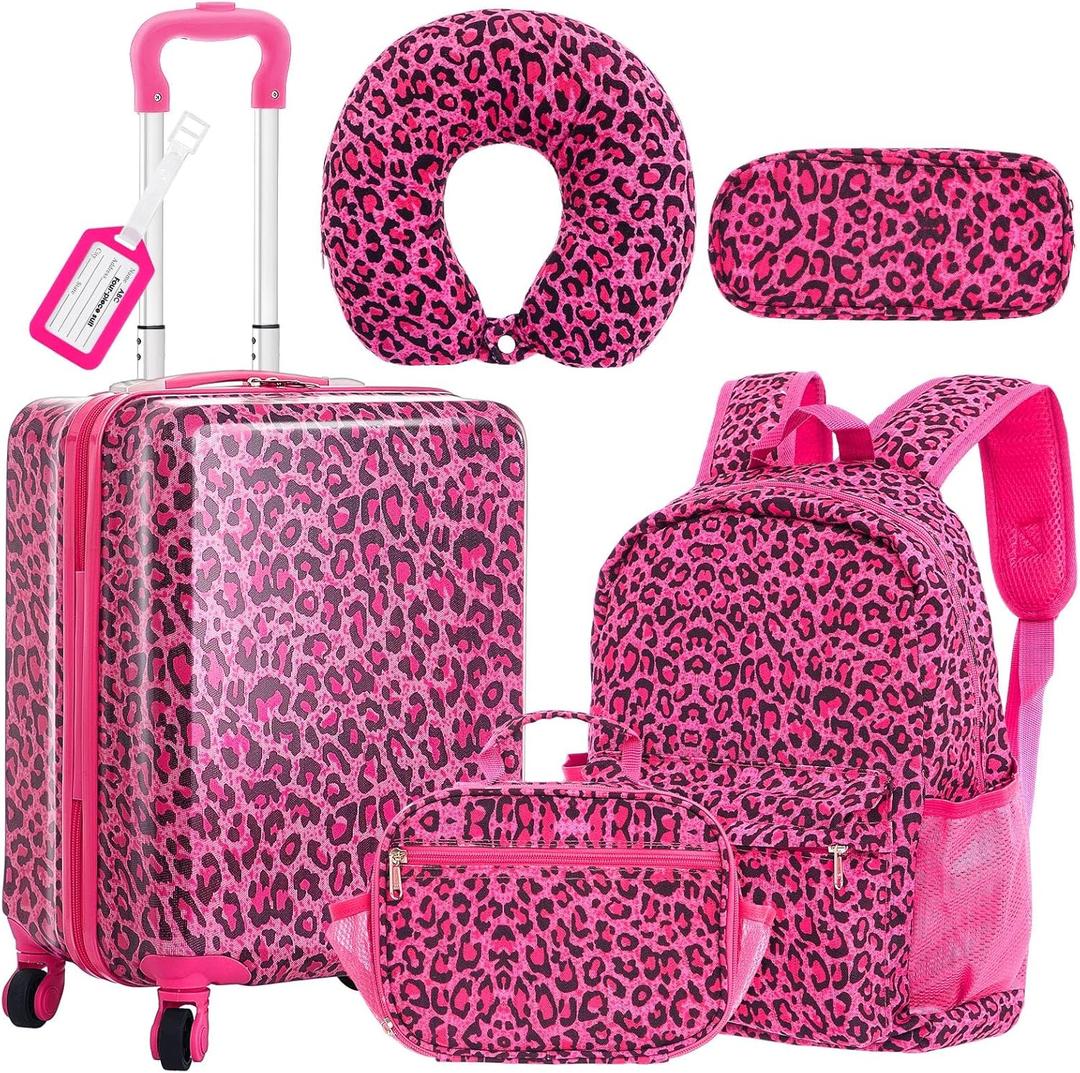 Redbaker Set of 6 Kids Luggage Set 17 Inch Kids Rolling Luggage Double Pattern Suitcase for Girls Boys School Gift(Hot Pink, Leopard Print Style)