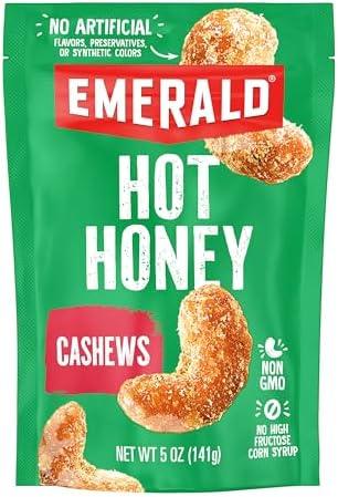 Emerald Hot Honey Cashews, 5oz Resealable Bag | Non GMO, No Artificial Preservatives, Flavors or Synthetic Colors, Plant Based Protein, Kosher Certified, Sweet & Spicy Snack, EXP: 05/22/2026