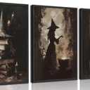 3pcs Vintage Halloween Witch Wall Art Dark Academia Witch Hat on Books Witchcraft Spells Wall Decor Gothic Melancholy Skull Poster Print Artwork for Halloween Party Living Room Home Decoration (24L" x 16W")