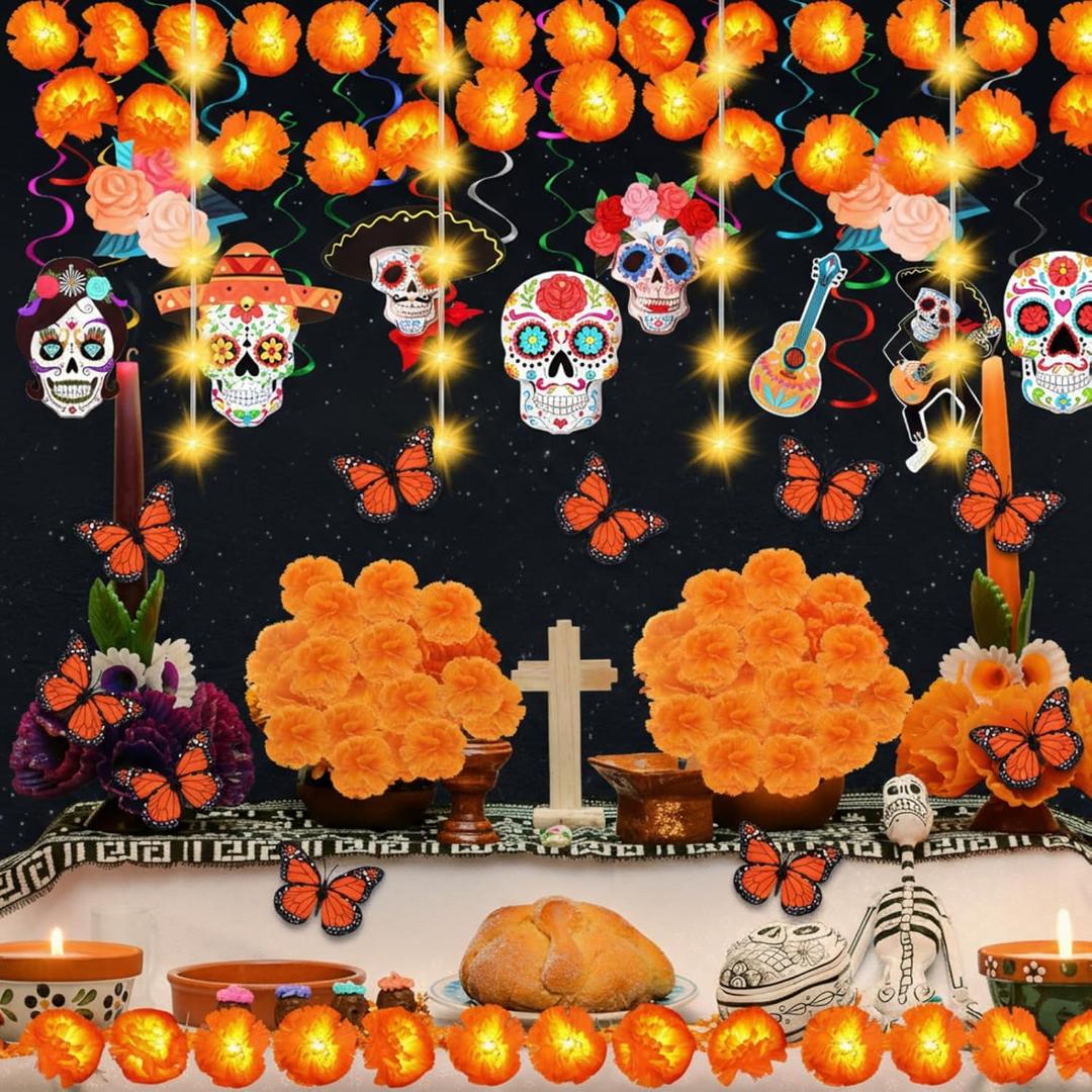 80 Pcs Day of The Dead Decorations Set Sugar Skull Hanging Swirls String Light Marigold Garland Monarch Butterfly Marigold Flowers with Stem for Dia De Los Muertos Party Ofrenda Altar Decor (Orange)