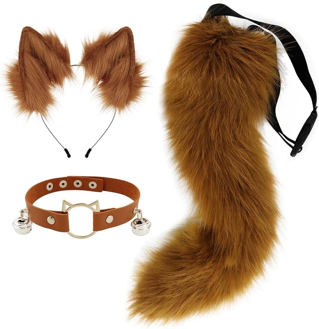Furry Animal Cat Fox Tail Faux Fur Wolf Ear Headband Leather Neck Chocker Costume Set for Party Halloween Cosplay (Brown)