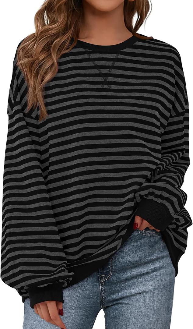 BTFBM Sweatshirt For Women 2026 Summer Crewneck Long Sleeve Oversized Striped Pullover Tops Y2K Clothes Workout Shirt (Black, L)