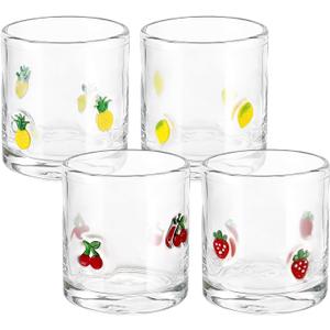 4 Pcs Fruit Icon Juice Glasses 14oz Cute Pattern Stemless Wine Glass for Summer Fruit Party Birthday Gift