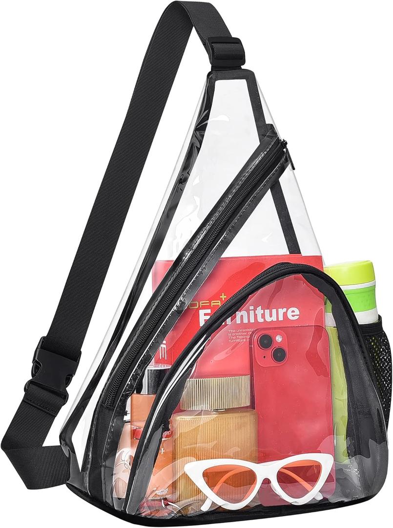 MAY TREE Clear Bag for Stadium Events, Clear Backpack for Concert Stadium Festival Sport Work Sling Bag with Heavy Duty Material - Black