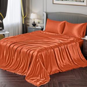 Vonty Satin Sheets Twin Silky Soft Satin Bed Sheets Rust Orange Sheet Set, 1 Deep Pocket Fitted Sheet + 1 Flat Sheet + 1 Pillowcases, Burnt Orange