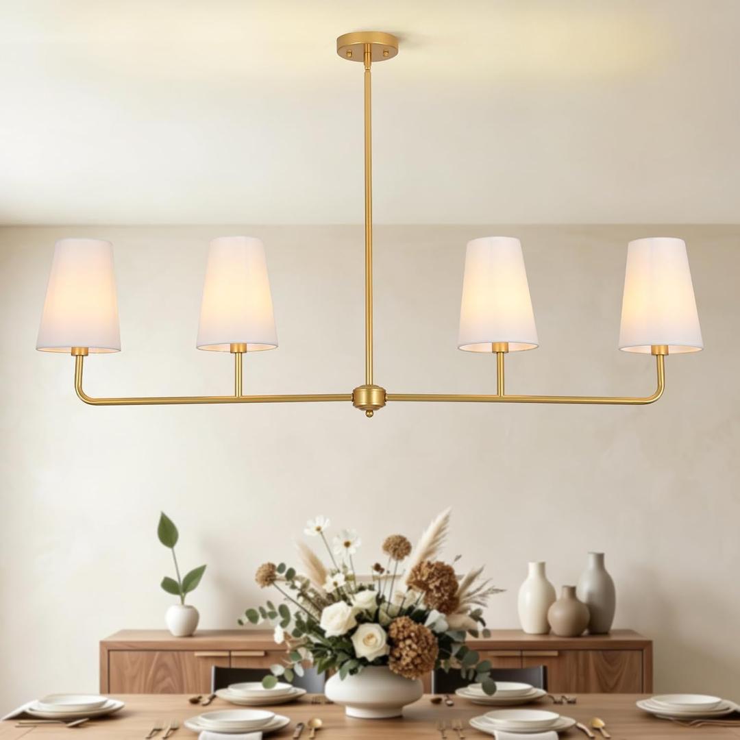 47.6" Large Linear Pendant Light, 4-Light Kitchen Island Lighting with White Linen Shades, Modern Matte Gold Farmhouse Chandelier for Dining Room Over Table, Sloped Ceiling Adaptable, 47.63" x 4.72"