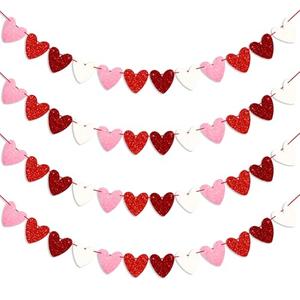 48 PCS Glittery Heart Garland Banner Valentines Day Decorations,Pre-Strung Burgundy Red Pink White Paper Heart Banners Sign for Galentines Anniversary Wedding Engagement Home Party Supplies