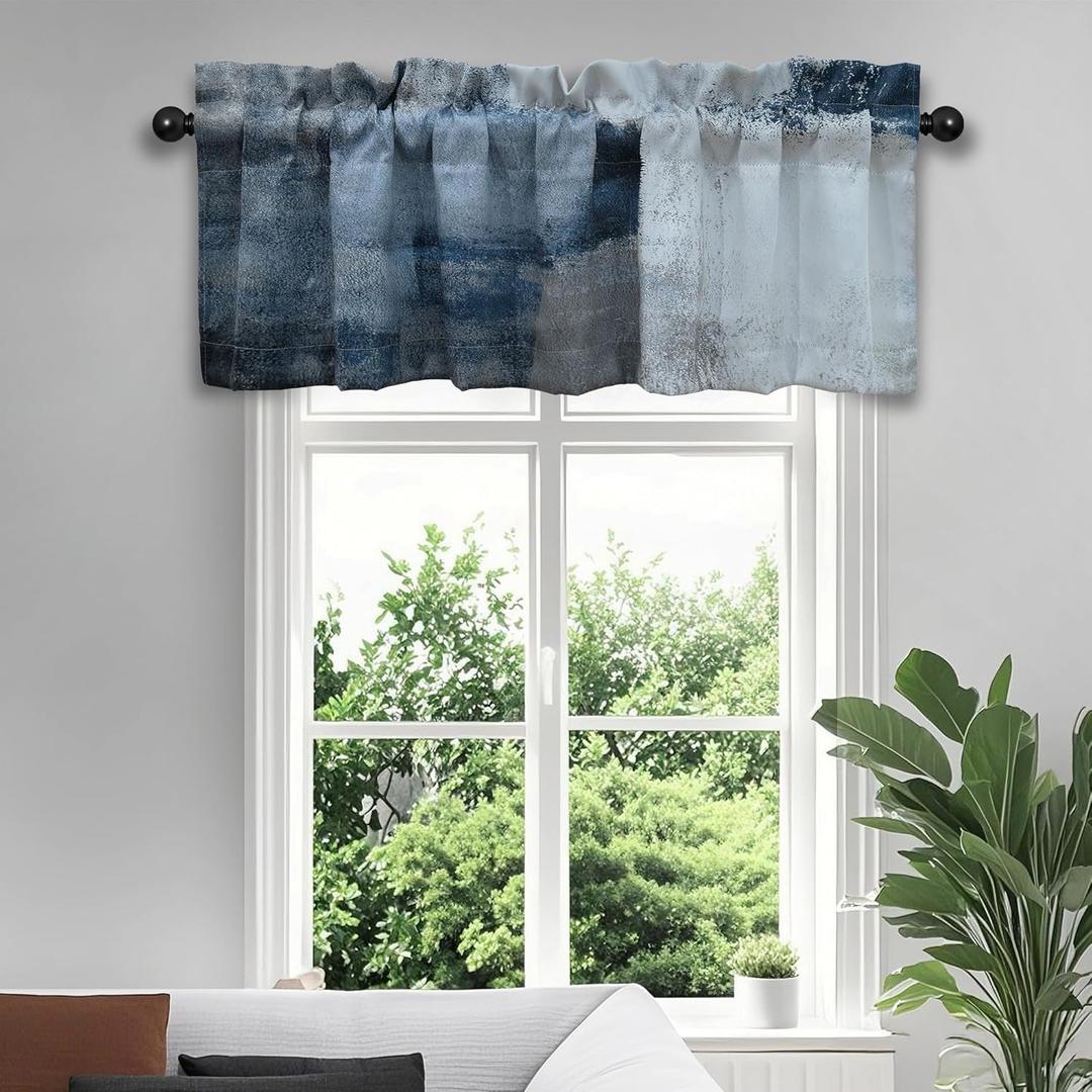 Blue Grey Kitchen Curtains Abstract Art Valances for Windows Blackout Window Treatment Valances Rod Pocket Curtain Valance for Bathroom Bedroom Living Room Cafe,52 X 18 Inch,2 Panel