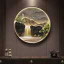 Large LED Mountain Waterfall Wall Art for Living Room, Framed Round Modern Lighted Landscape Picture Artwork for Walls, Backlit Nature Wall Decor for Hallway, Dining Room, Entryway, Office, 30x30 Inch, 29.5"L x 29.5"W