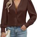 Blouses for Women Business Casual Tops Satin Silk V Neck Long Sleeve Button Down Shirts Work Blouses (Small, Brown)