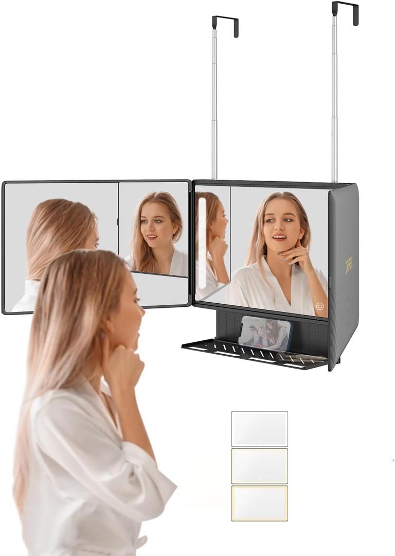 Dripex 3 Way Mirror with Storage Shelf and 3 Color LED Lights, Rechargeable Trifold Self Haircut 360 Mirror with Height Adjustable Hooks for Makeup, Styling, Shaving, Braiding, Dye Hair (Black)