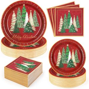 Homlouue 200 Pcs Christmas Paper Plates and Napkins Sets, 9inch Christmas Plates Disposable Heavy Duty, Xmas Tree Red Paper Plate, Xmas Plate and Napkins for Dinner Party