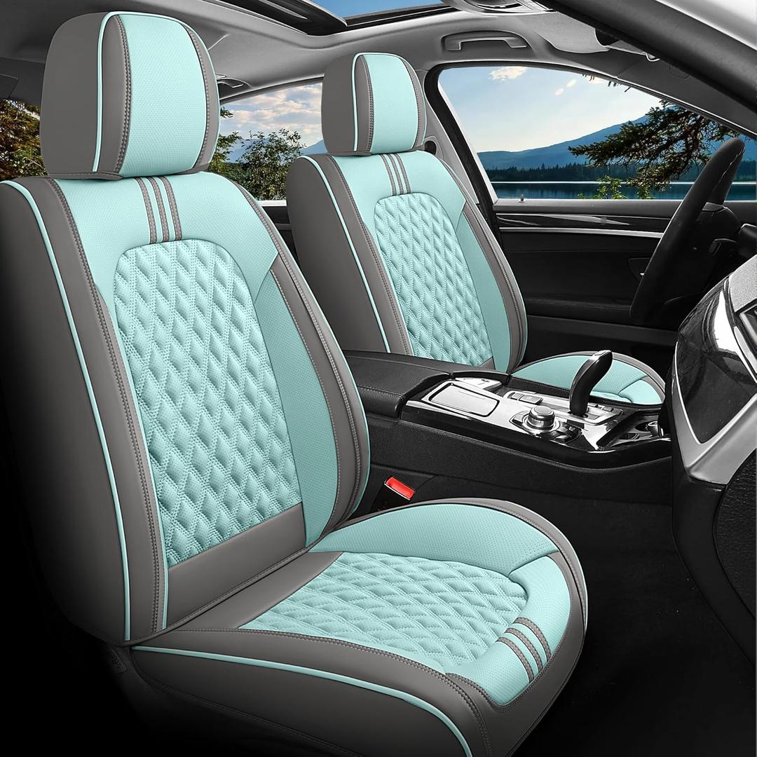 YOEOSO Car Seat Cover 5-Seats Full Set Universal fit, Suitable for Most Cars, SUV, Airbags Compatible with Synthetic Leather Car Seat Cushion Protectors (Grey Fruit Green)