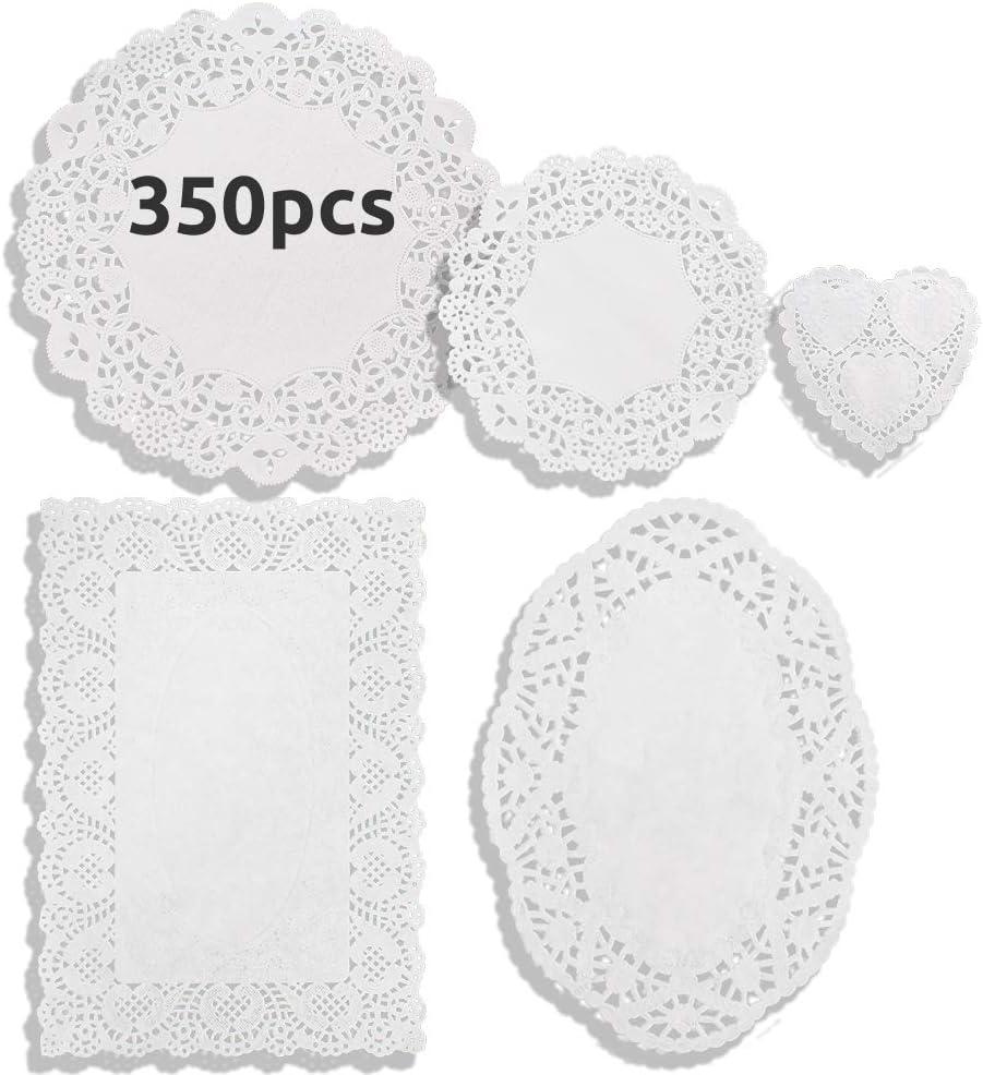 DailyTreasures 350Pcs Lace Doilies Paper-Assorted Size Decorative Doilies Placemat- Eco-Friendly for Cake, Desert, Wedding, Tableware Decoration(Round, Rectangle, Heart, Oval-8.5", 6.5")