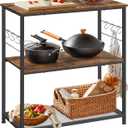 VASAGLE Bakers Rack, Kitchen Shelf, Kitchen Island, Microwave Oven Stand with 3 Open Shelves, 6 Hooks, Metal Frame, 15.7 x 31.5 x 35.4 Inches, Industrial, Rustic Brown and Black UKKI002B01