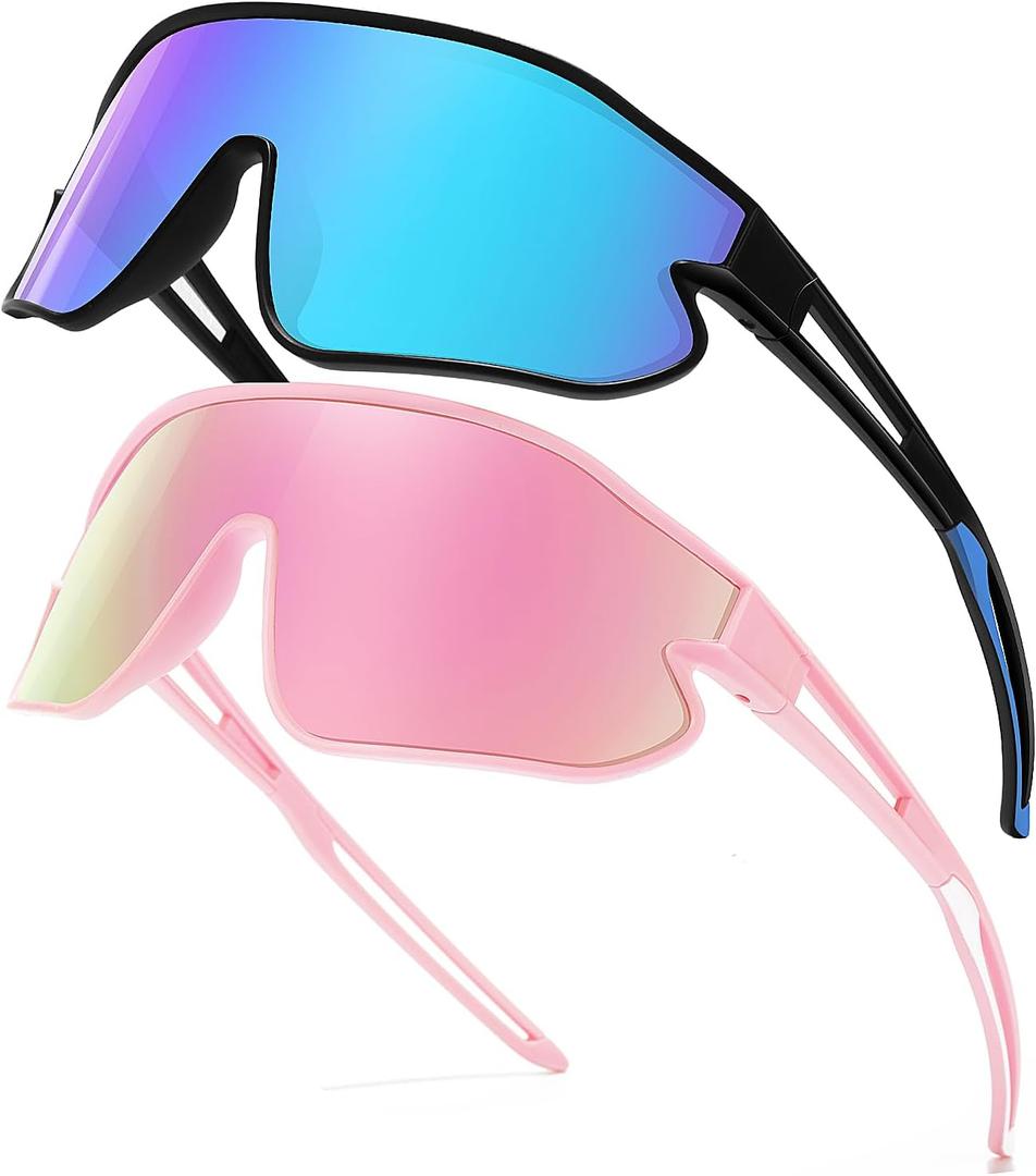 Kids Sunglasses, Youth Baseball Sunglasses Polarized Sports Cycling Shades for Boys Girls Lightweight Frame (2pack-black/Blue+pink)