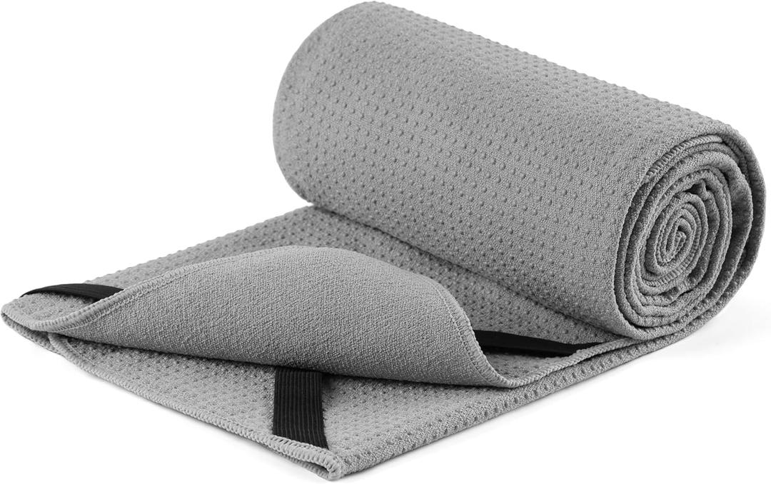 Microfiber Hot Yoga Towel Mat, 24 x 72 inches, with Non-Slip Silicone Grip, Secure Fit Elastic Straps (Gray)