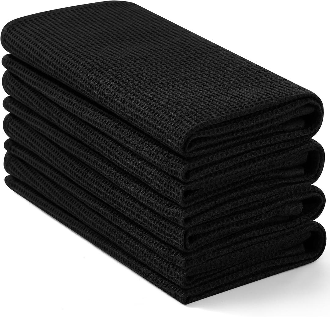 Homaxy 100% Cotton Waffle Weave Kitchen Towels - 4 Pack Soft and Absorbent Dish Towels - 16 x 26 Inches Quick Dry Hand Towels - Black