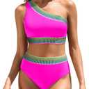 Women High Waisted Bikini Set - One Shoulder Two Piece Swimsuits Color Block Bathing Suits with Swimwear Bottom (Large, Hot Pink)
