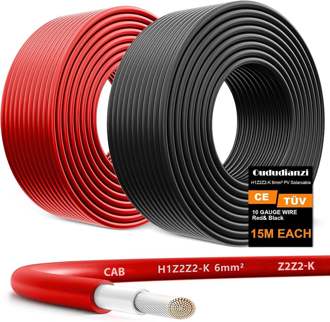 Oududianzi 2x50 Feet Solar Panel Wire, 10AWG Solar Wire Tinned Copper 10 Gauge PV Cable, for Outdoor Automotive RV Solar Panels Boat Marine (50FT Red + 50FT Black)