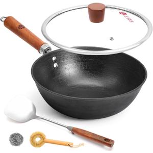 WANGYUANJI Cast Iron Wok Pan with Lid, 10.2 Inch Small Flat Bottom Stir Fry Skillet, Uncoated Traditional Chinese Iron Pot for 1-2 People, Compatible with Induction & Gas Stoves (steel Spatula-WOK)