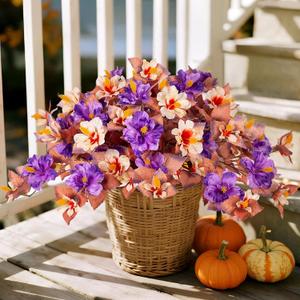 Fake Fall Flowers Artificial for Outdoors Decoration, 2PCS Faux Fall Flowers for Outdoor Planters, Autumn Hibiscus UV Resistant No Fade for Home Porch Patio Garden Balcony Yard Indoor Decor (Purple White)