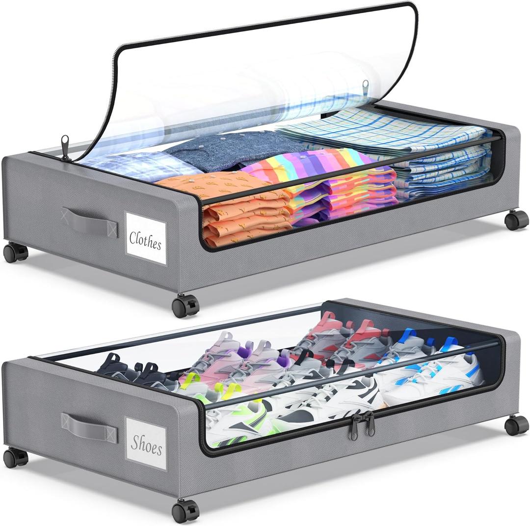 Beborxue Under Bed Storage with Wheels, 2-Pack Under the Bed Storage Containers with Lids, XXL 60L Under Bed Shoe Storage Organizer Bins, Rolling Underbed Storage for Clothes, Shoes, Blankets (Gray)