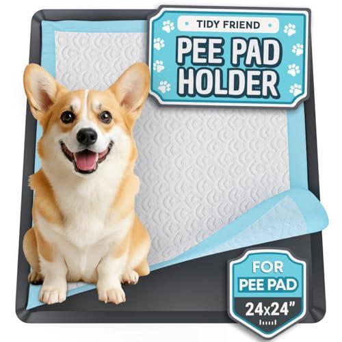 Skywin TidyFriend Dog Pee Pad Holder Tray - Fits Up to 24” x 24” Pee Pad Holder for Dogs - Stable Grip, Raised Edges, Quick-Wipe Silicone Surface Dog Pad Holder for Indoor Flooring Protection (Black)