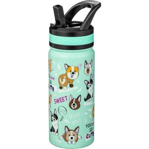 Fanhaw 18 Oz Kids Insulated Water Bottle with Straw - Stainless Steel Double Wall Vacuum Cup, Leakproof, BPA Free, Suitable for Boys and Girls(Green - Dogs)