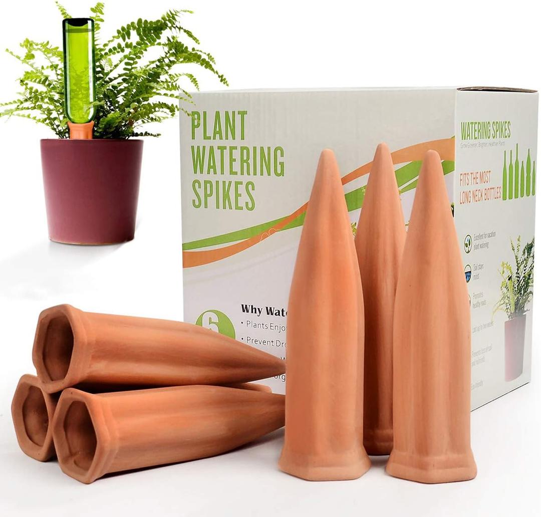 B SEPOR Ceramic Plant Waterer Set of 6 Pack Terracotta Self Watering Spikes, Bottle Plant Watering Devices for Vacation (6Pack)