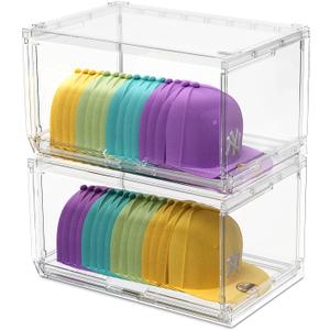 2 Pack Large Hat Organizer Box, Stackable Clear Baseball Caps Holder Box Containers with Sliding Door for Hats Snapback Cap Storag, Hat Rack Display Case, Holds 20 Hats Each -Clear