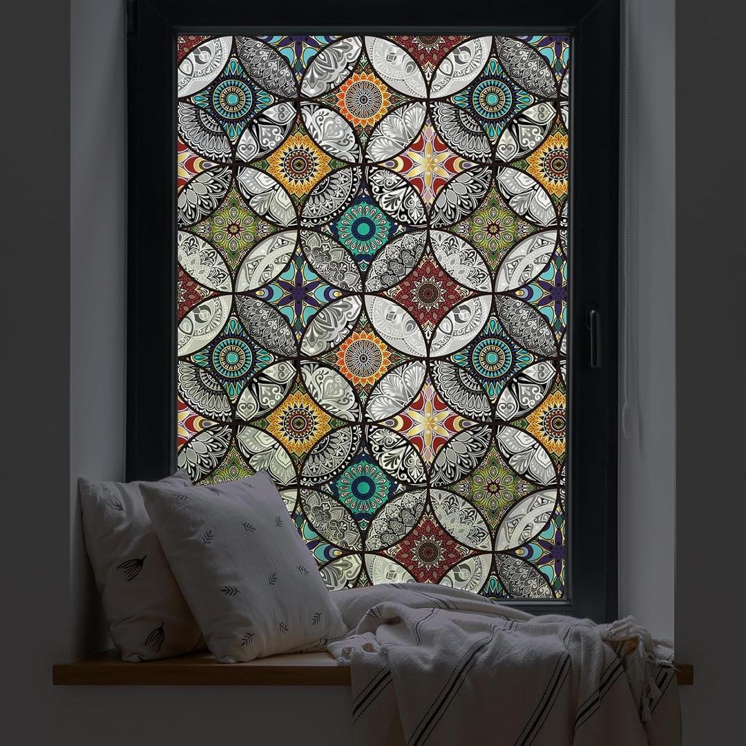 Boho Chic Window Privacy Film with Installation Tools - Soften Light, Reduce UV Rays, Decorative Stained Glass Window Tinting Film for Home, Window Clings 18"inch 
