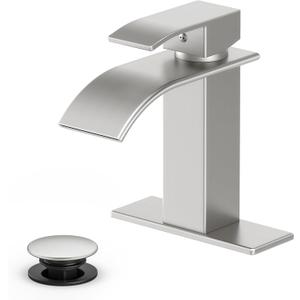Bathroom Faucet Brushed Nickel Modern Waterfall Bathroom Sink Faucet with Single Handle Suitable for 1 or 3 Holes,Supply Deck Plate and Hose