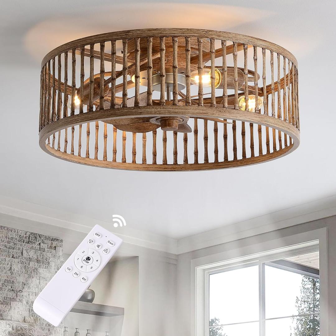 Rustic Looking Caged Ceiling Fan with Lights and Remote, 20 Inch Low Profile Flush Mount Fandelier, Bladeless/Quiet Motor Boho Fan Light for Bedroom, Dining Room, Kitchens, Living Room, Office
