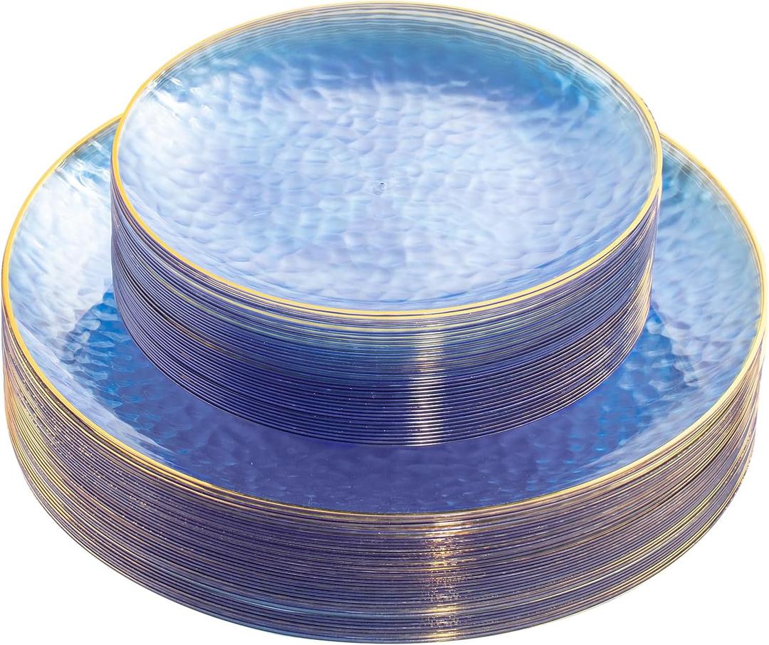 Rubtlamp 60Pcs Clear Blue Plastic Plates, Hammered Blue Plates, Clear Fancy Disposable Plates With Gold Rim Include 30 Dessert Plates, 30 Dinner Plates for Party