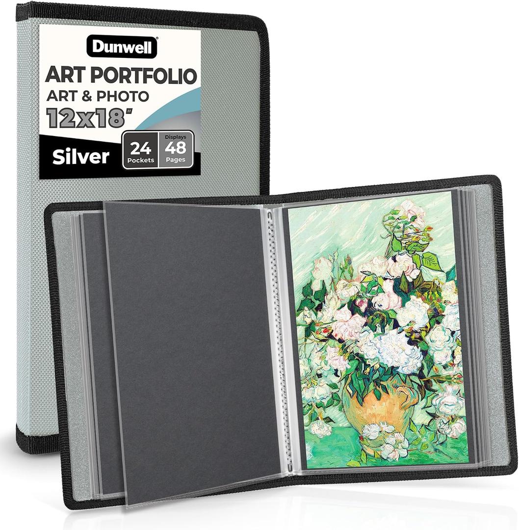 Dunwell 12x18 Art Portfolio Binder with Mounting Paper (Silver), Large Portfolio Folder for Artwork Storage, 24 Clear Sleeves Display 48 Pages, Acid-Free Poly 12 x 18 Presentation Book