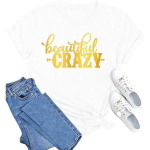 MAIHUN Beautiful Crazy Shirts Women Country Music Tshirt Funny Letter Printed Tee Casual Short Sleeve Tops (White, L)