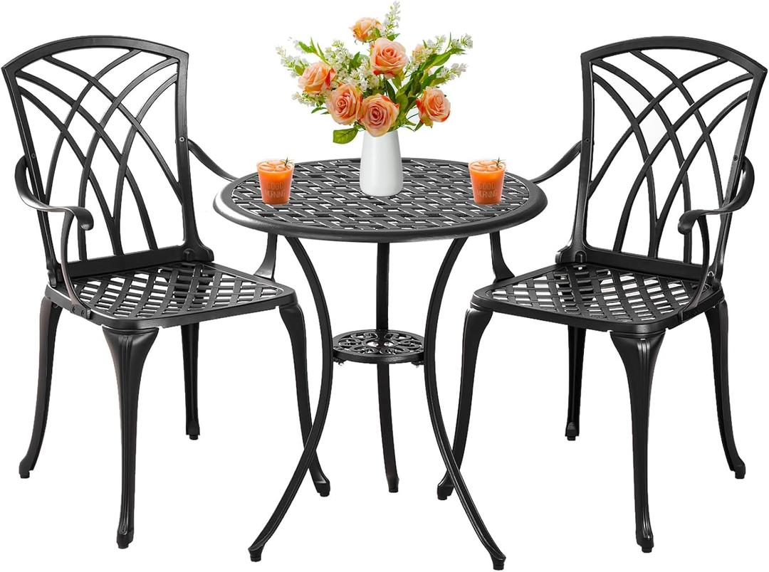 Outdoor 3 Piece Bistro Set Cast Aluminum Bistro Table and Chairs Set of 2, All Weather Bistro Patio Set, Patio Furniture for Garden Black (Woven Armchair)