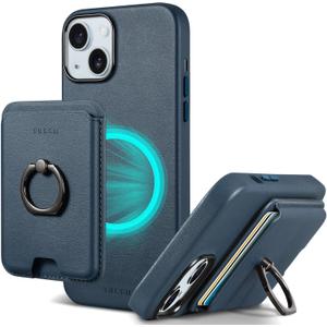 TUCCH Case for iPhone 15 Plus with Detachable Card Wallet, [Magnetic Wireless Charging] Slim RFID Blocking Finger Ring Grip Kickstand, PU Leather Protective Cover Compatible with iPhone 15 Plus, Blue