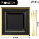 WDF 200PCS Black and Gold Plastic Dessert Plates with Plastic Forks -6 100 Square Disposable Appetizer Plates Small Plate Cake Plate with Gold Rim for Wedding/Party/Birthday/Graduation