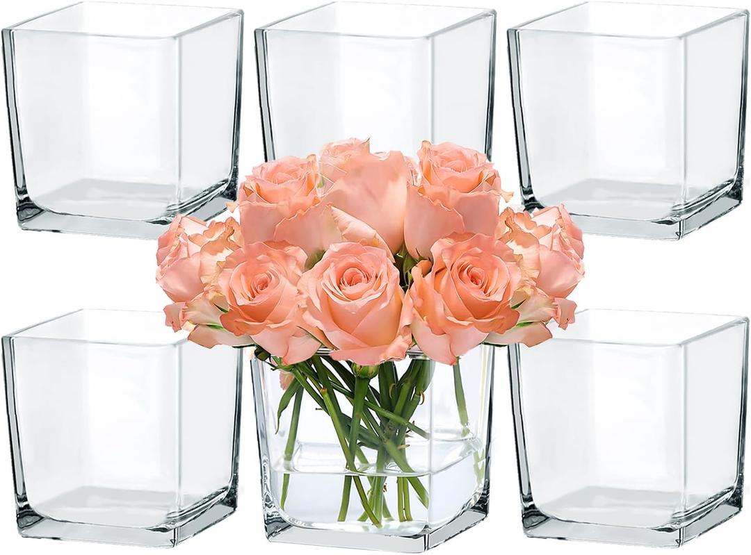 CONNOO 6 Pack Square Glass Vase 5" x 5" x 5", Clear Bulk Flower Vases for Centerpieces, Square Glass Cube Vase Floating Candle Holders for Wedding Party Home Decor