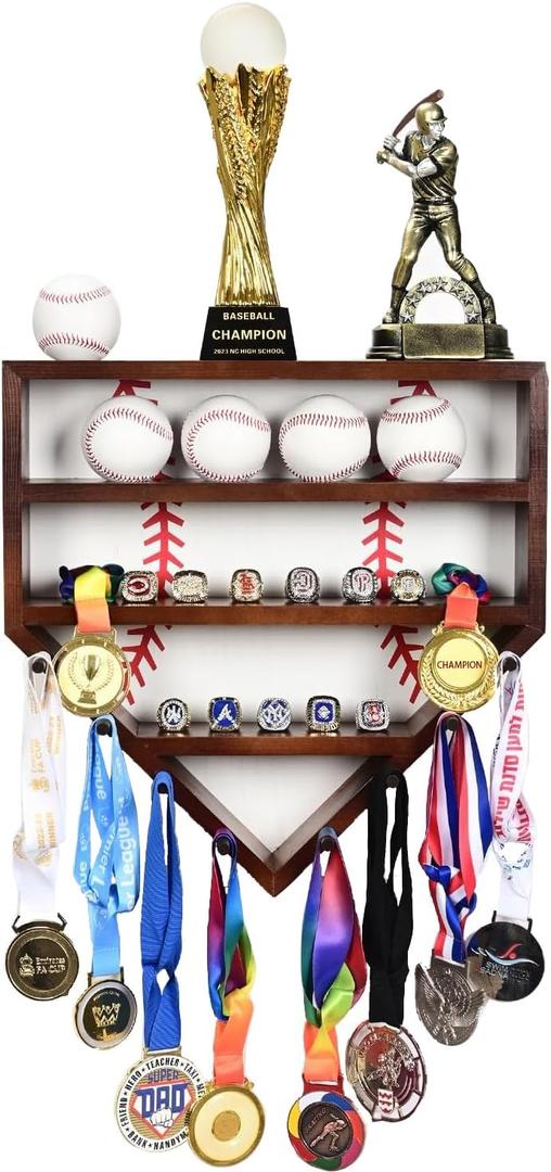 Baseball Ring Display Case - 17" Wooden Baseball Ring Holder, Wall Mount Baseball Case Display for Balls, Rings, Medals, Trophies - One Case for All Memorabilia