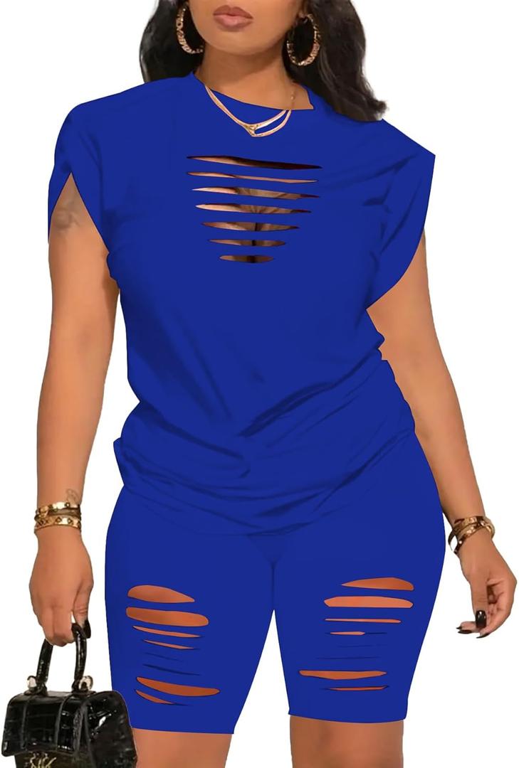 PINSV Women 2 Piece Outfits Summer Sweatsuits Biker Short Workout Jogger Sets (Small, Blue Cut Out)