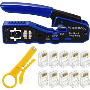 RJ45 Crimp Tool Kit Ethernet Crimping Tool Wire Crimper Stripper Cutter for Cat5e Cat6 Cat6a Pass Thrugh Connectors with 10 pieces Cat6 Connectors and 1 piece mini wire stripper