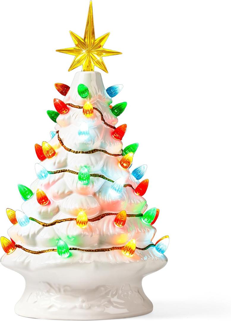 Joiedomi 12 White Christmas Ceramic Tree, Light up Tabletop Xmas Tree with 49 LED Lights, Ceramic Decor with Christmas Design, Xmas Holiday Indoor Office Table Centerpiece Decoration