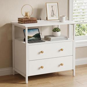 Edbuosy 27 inch Wide Night Stand with Charging Station, Bedside Table with Open Shelf, 2 Drawers Small Wood Dresser, Modern Wood Nightstand for Bedroom/Living Room (White)