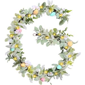 6FT Lighted Easter Garland,Easter Egg Garland Decorations with 20 LED Lights,Flowers,Lamb Ears Leaves,Timer,Easter Spring Floral Garlands for Mantle,Stairs,Door,Home,Fireplace, Party,Indoor