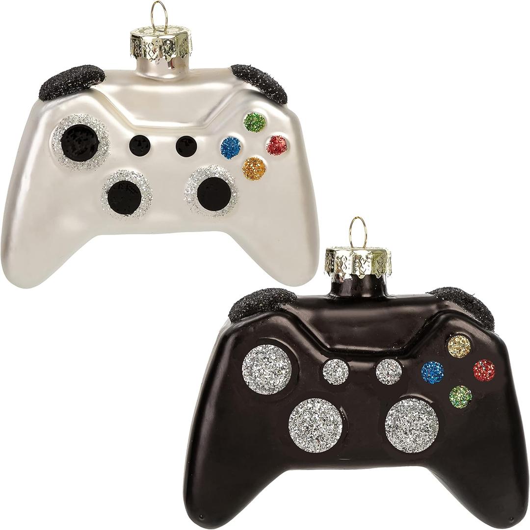 JOYIN Christmas Glass Video Game Controller Small Ornament, Blown Mini Black and White 2-Pieces Set for Tree Hanging Ornament Outdoor Christmas Decorations Indoor